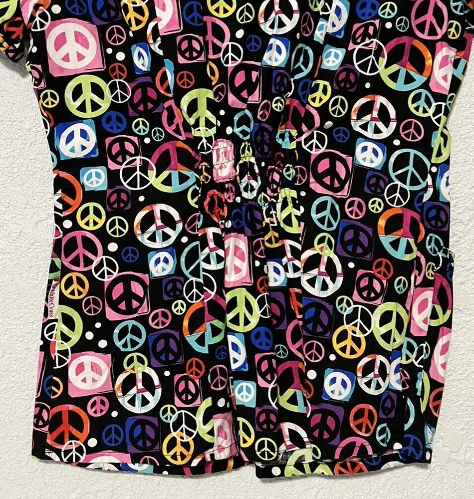 White Cross Small Scrub Top Multicolored Peace Symbol Black Cotton Pullover