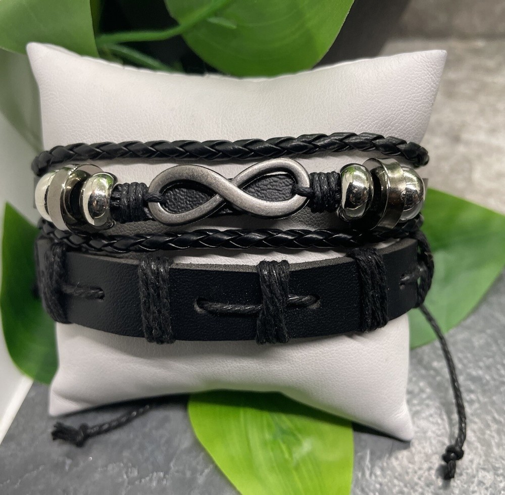 2 PC Leather Bracelet  Stackable Adjustable Tie Free Ship Infinity B3285