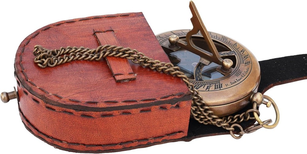 Brass Sundial Compass in Leather Case - Vintage Decor