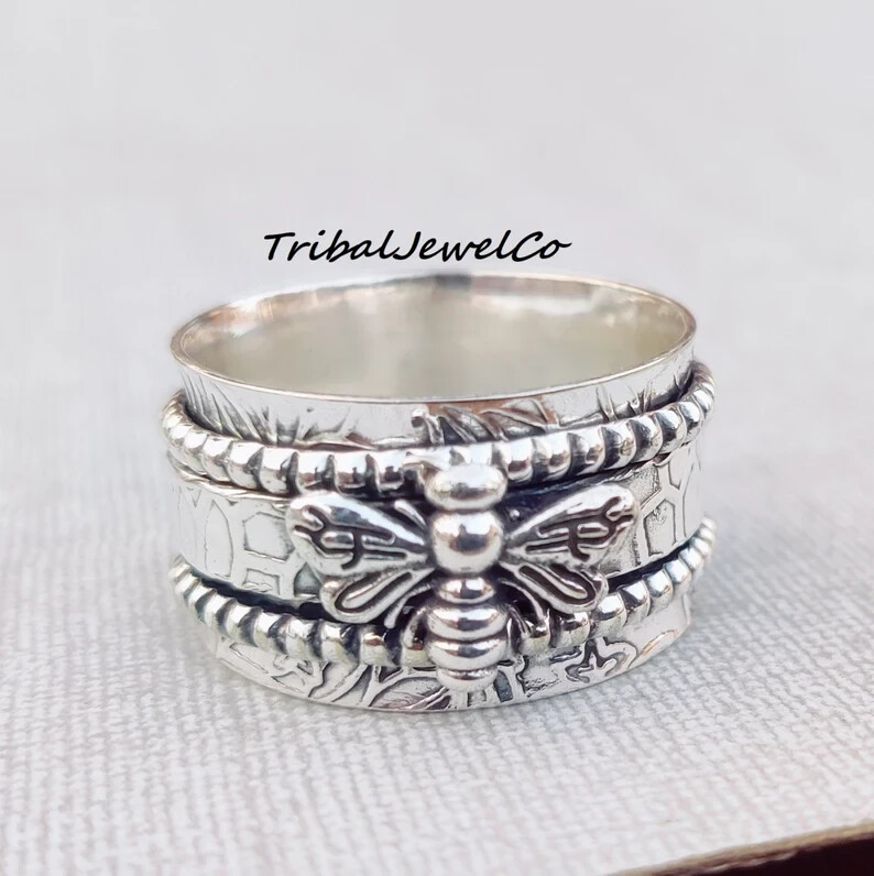 Honey Bee Spinner Ring, 925 Sterling Silver, Spinner Ring, Worry Ring, All size