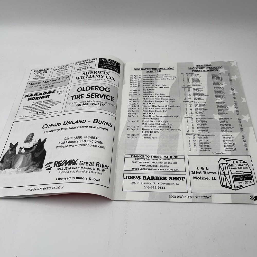 Davenport Speedway Souvenir Racing Program 2002 Featuring 2001 points And Pics