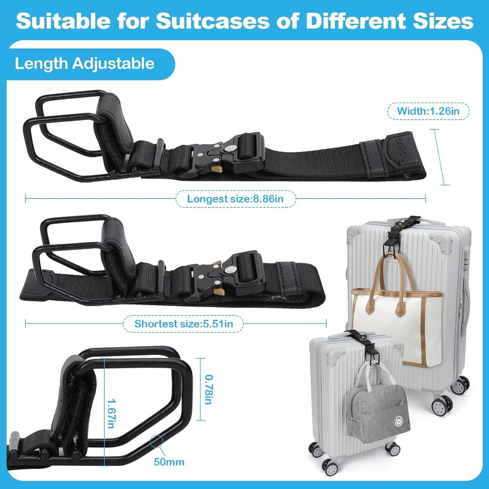 Luggage Hook Strap, J Hooks to Add a Bag Flight Medium size, Black
