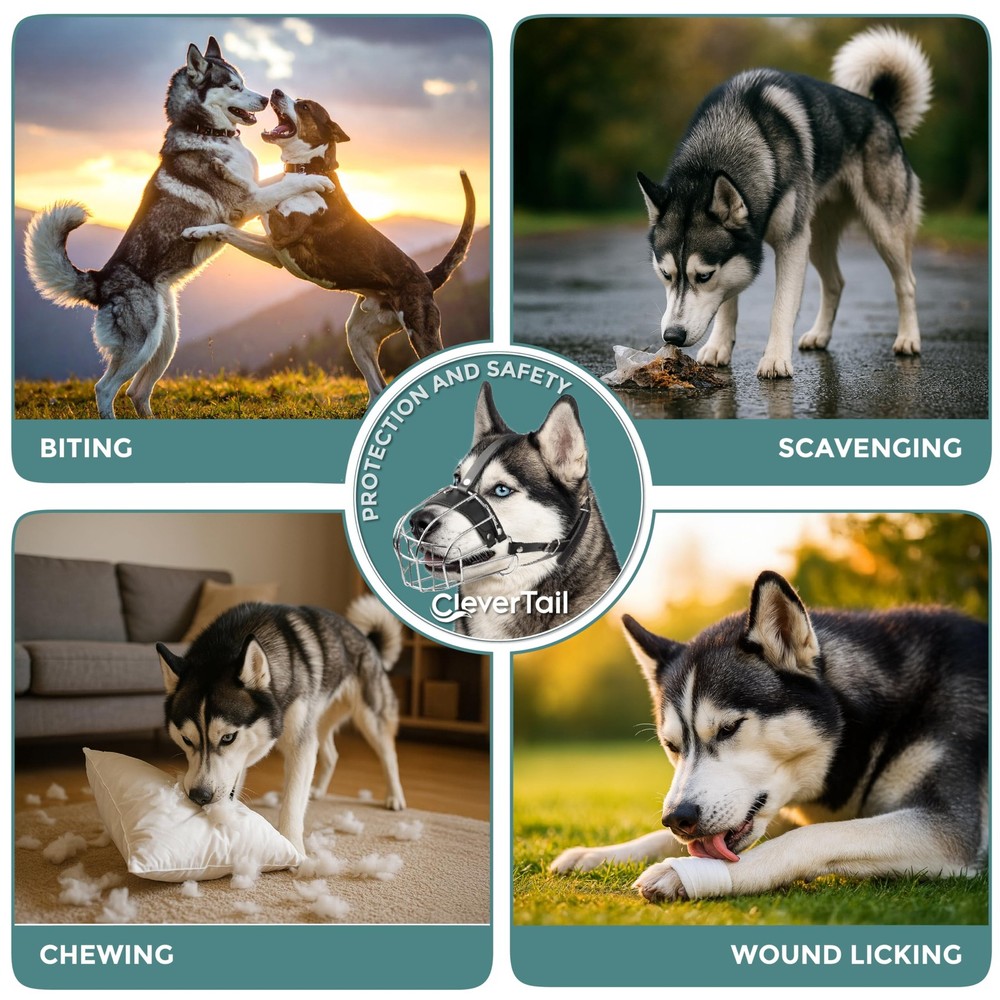 CleverTail Metal Husky Muzzle for Large Large, Silver Wire & Black Straps