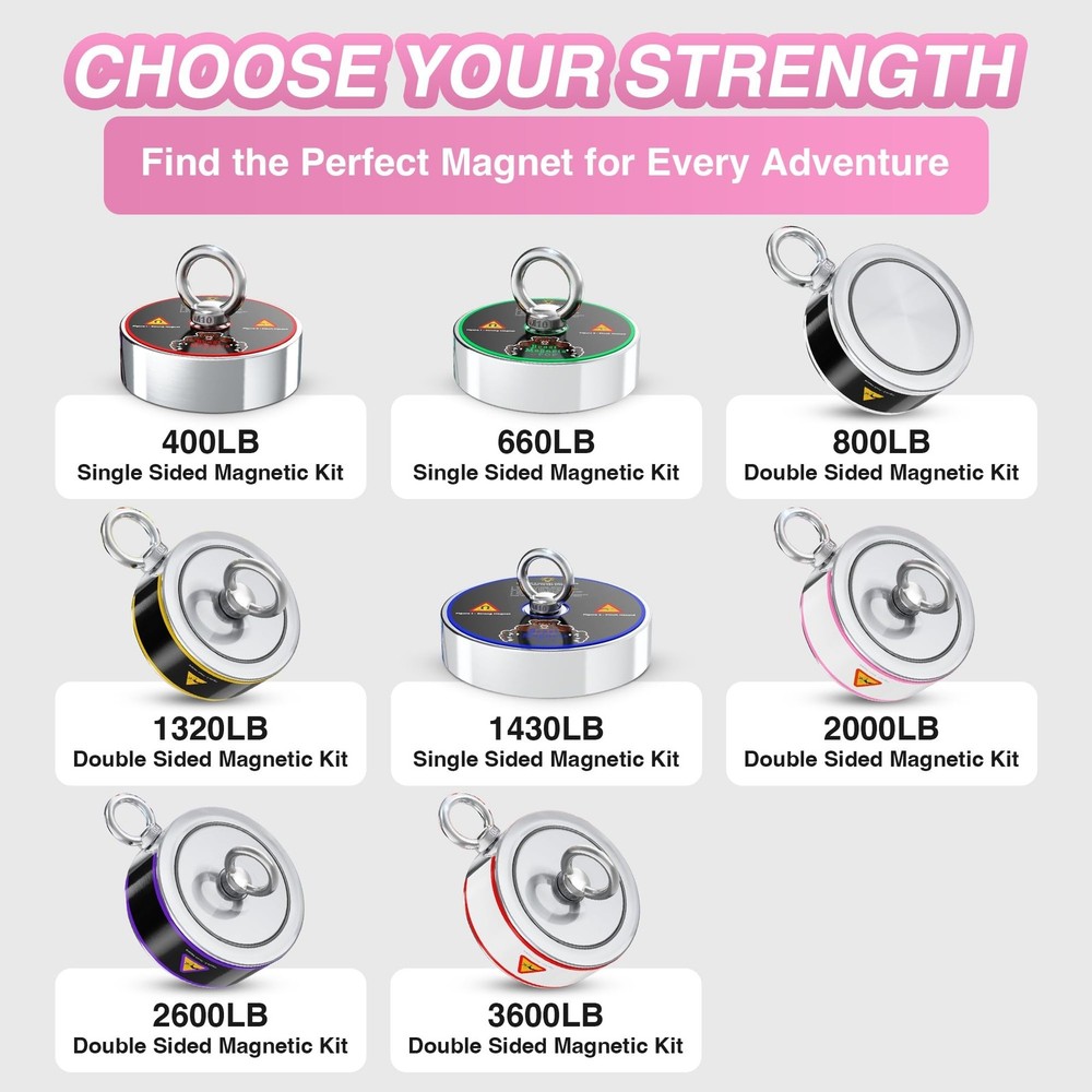 2000LB Powerful Double-Sided Neodymium Fishing Magnet – 3.70” Pulling Force S...