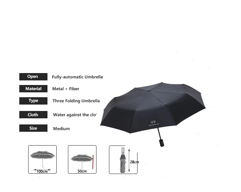 Automatic Black Umbrella Anti-UV Sun/Rain Windproof 3 Folding Compact Umbrella
