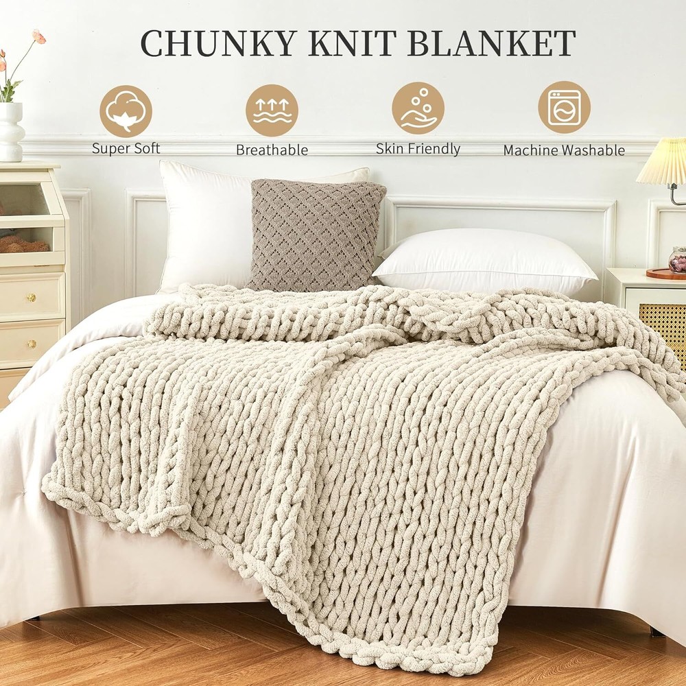 Admitrack Chunky Knit Blanket Throw, 100% Hand Chenille 51"×63", Ivory
