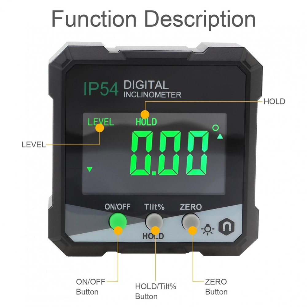 Magnetic Digital Backlit Display & Big Number Angle Finder Protractor Inclinomet