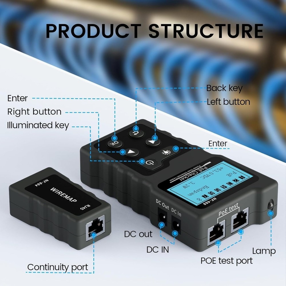 Network Cable Tester with LCD Screen Poe Ethernet Lan Volt Power Supply_