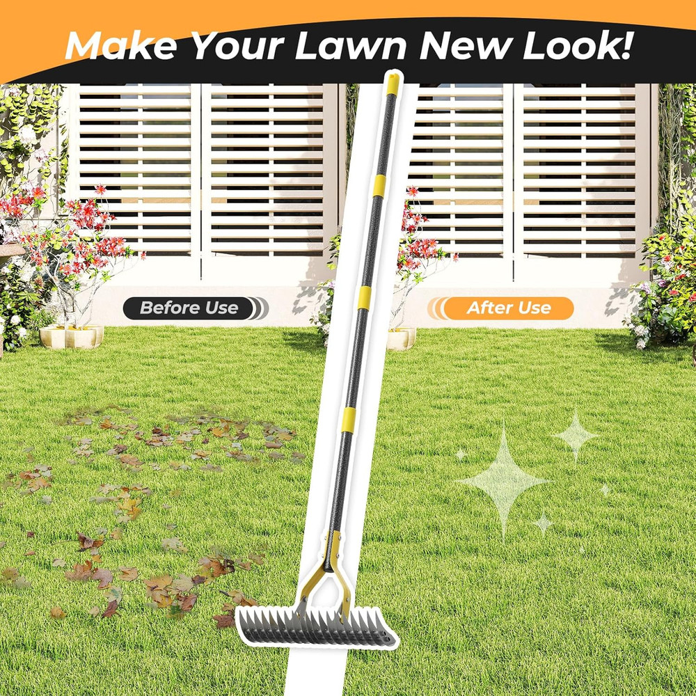 Thatch Rake, 19-Tine Lawn Leveling Dethatcher Rake with Long Adjustable Steel Me