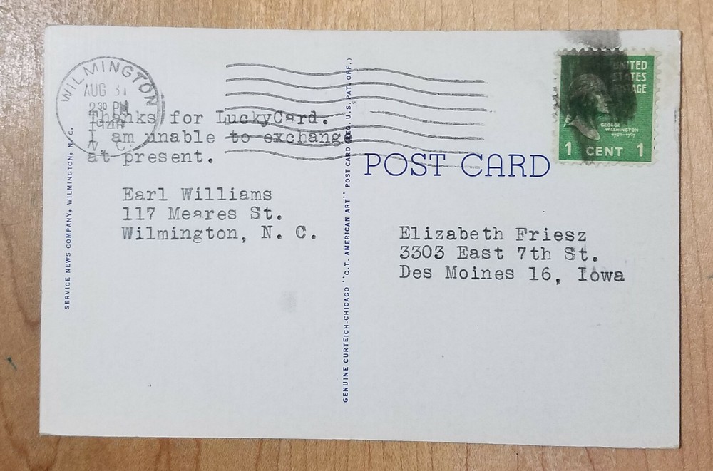 1 Cent Gg Washington STAMP Smudge MULTIPLE FRONT POSTMARKS NC postcard 17 Bridge