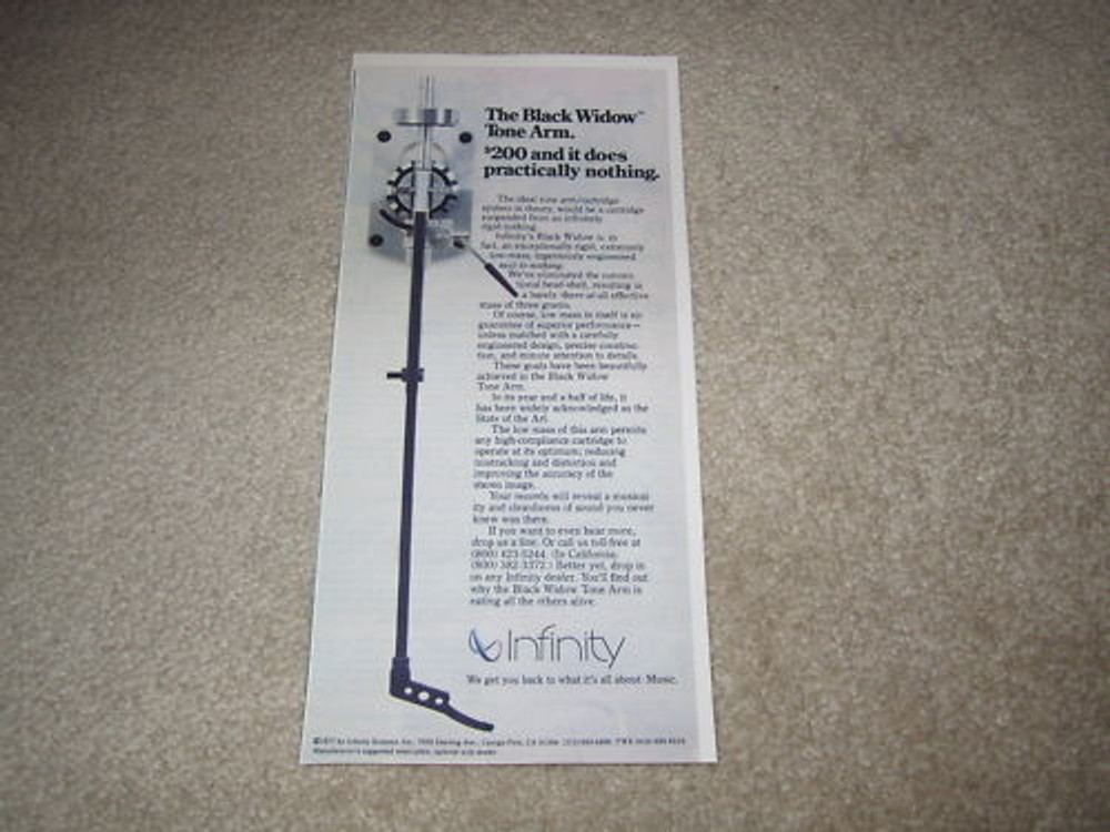 Infinity Black Widow Tonearm Ad, 1977, Article, 6"x11"