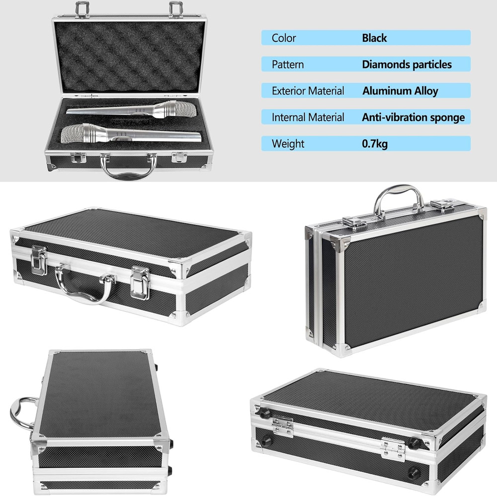 Professional Microphone Case Hard Shell Carrying 2 Wireless Mics Aluminum Frame