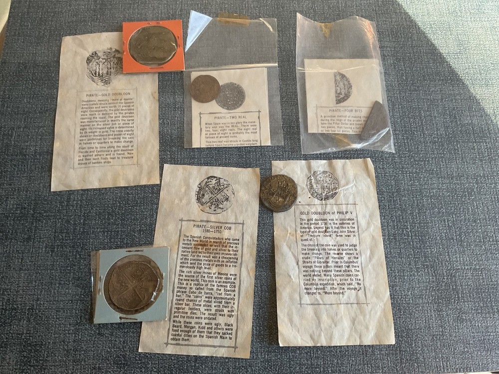 Souvenir Pirate Coins- two Gold Doubloons, Two Real, Four Bits and Silver Cob