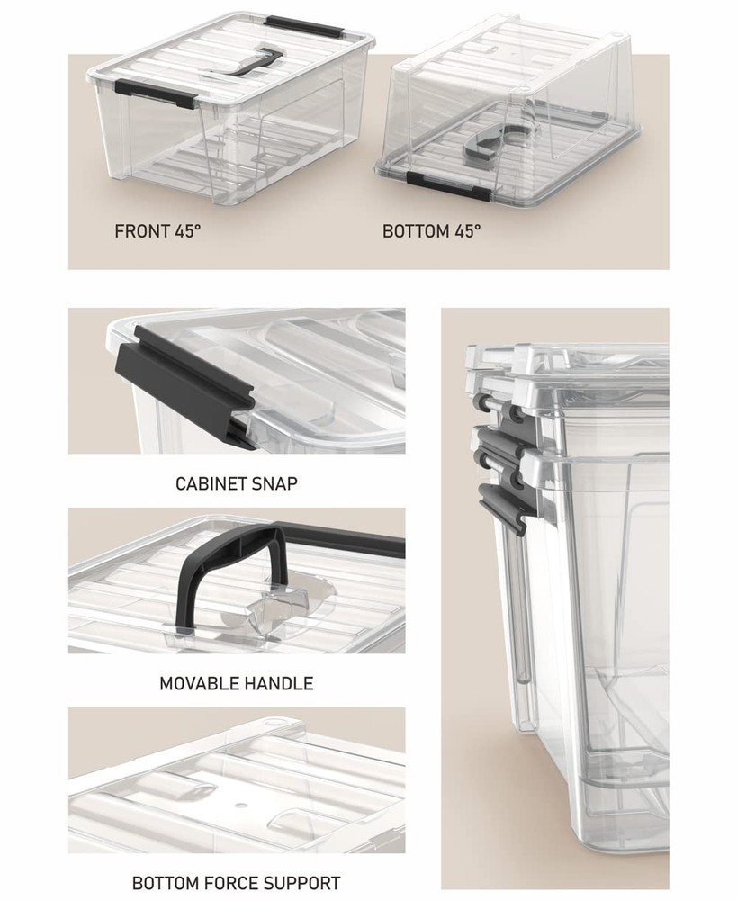 WYT Clear Storage Latch Bins, 6-Pack Organizer Box with Handle