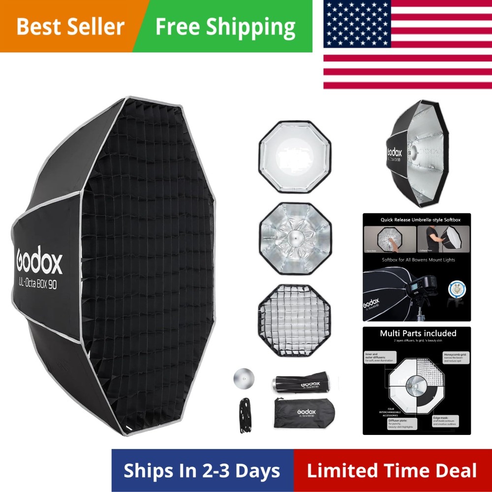 Godox UL-Octa 90cm Quick Release Octagonal Softbox, Foldable 35" Octabox Fast...