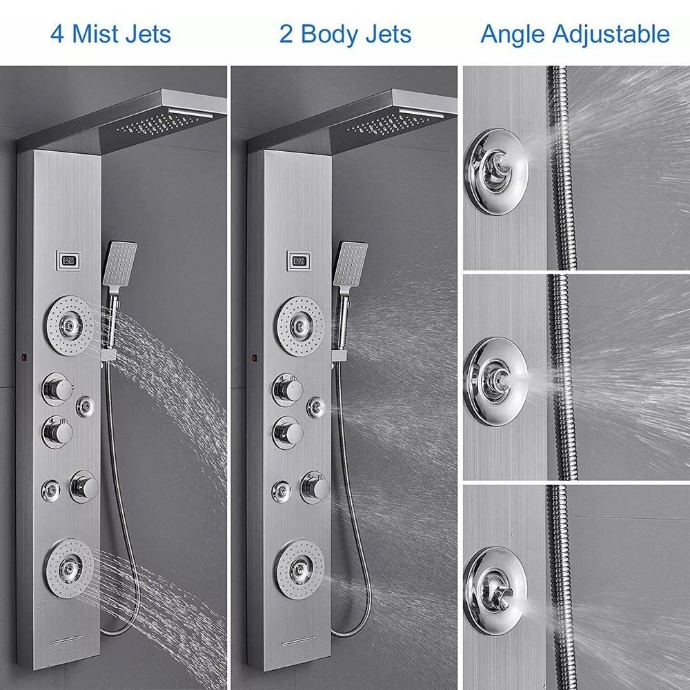 Brushed Shower Panel Tower System LED Rain Waterfall Head Combo Body Massage Jet