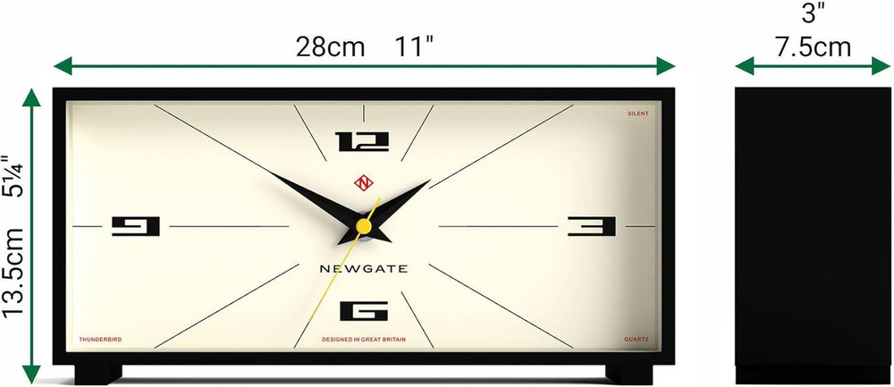® Thunderbird Desk Clock | Retro Contemporary Rectangular Design | Black | Moder