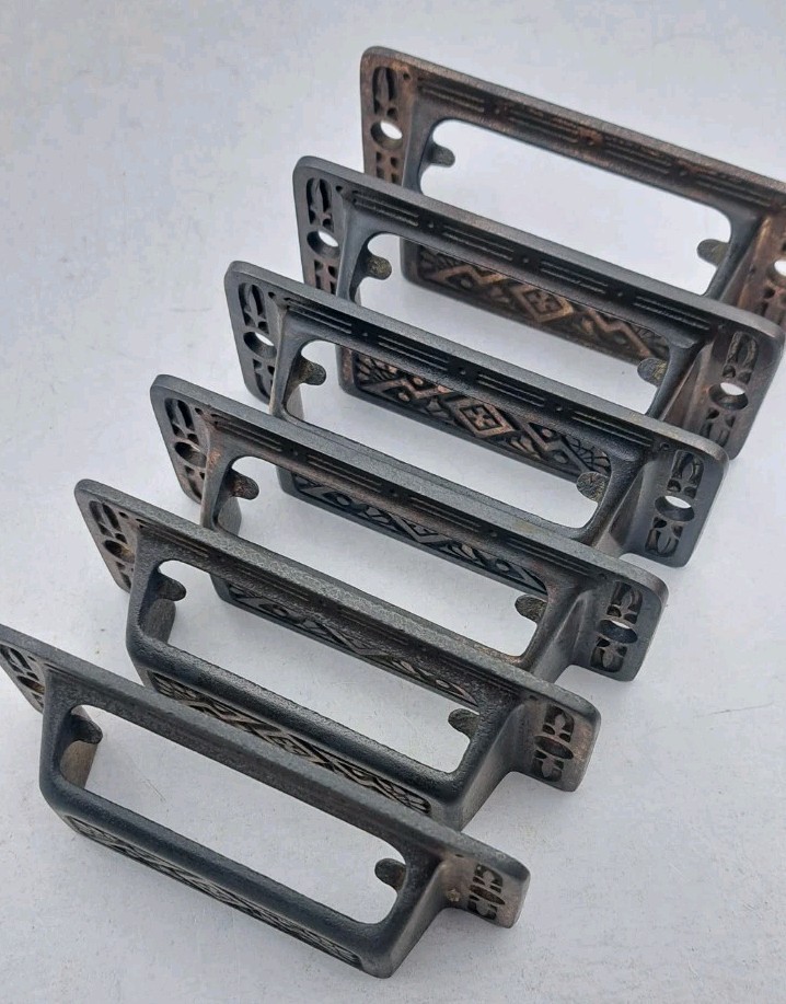 Antique Card Label Bin Pulls Drawer Pull Handle Vintage Metal Hardware Set of 6