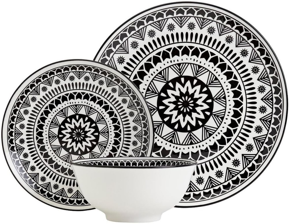 Tabletops Unlimited 12 Pc. Black Pad Print Dinnerware Set,