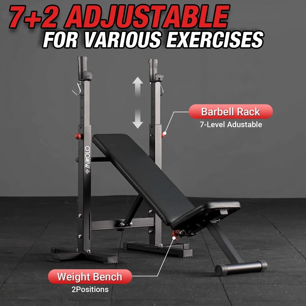 Mikolo Adjustable Weight Bench, 660LBS Foldable Bench Press with Squat Rack