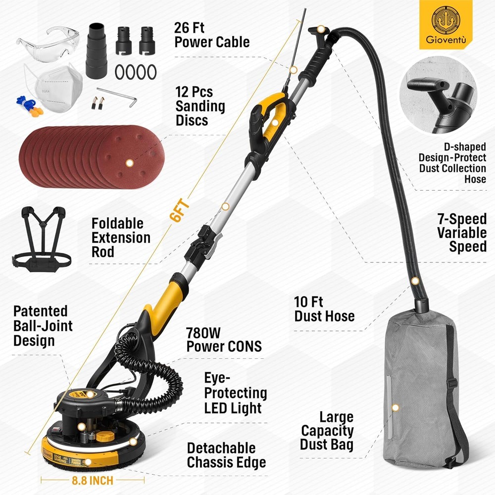 Drywall Sander with Labor-Saving Strap for Drywall with Vacuum Attachment 7Speed
