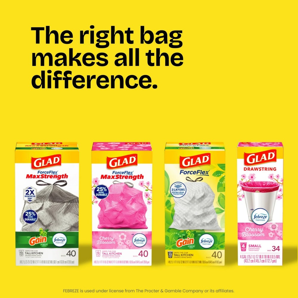 Glad ForceFlex Tall Kitchen Drawstring Trash Bags, 13 Gallon, Gain Original with