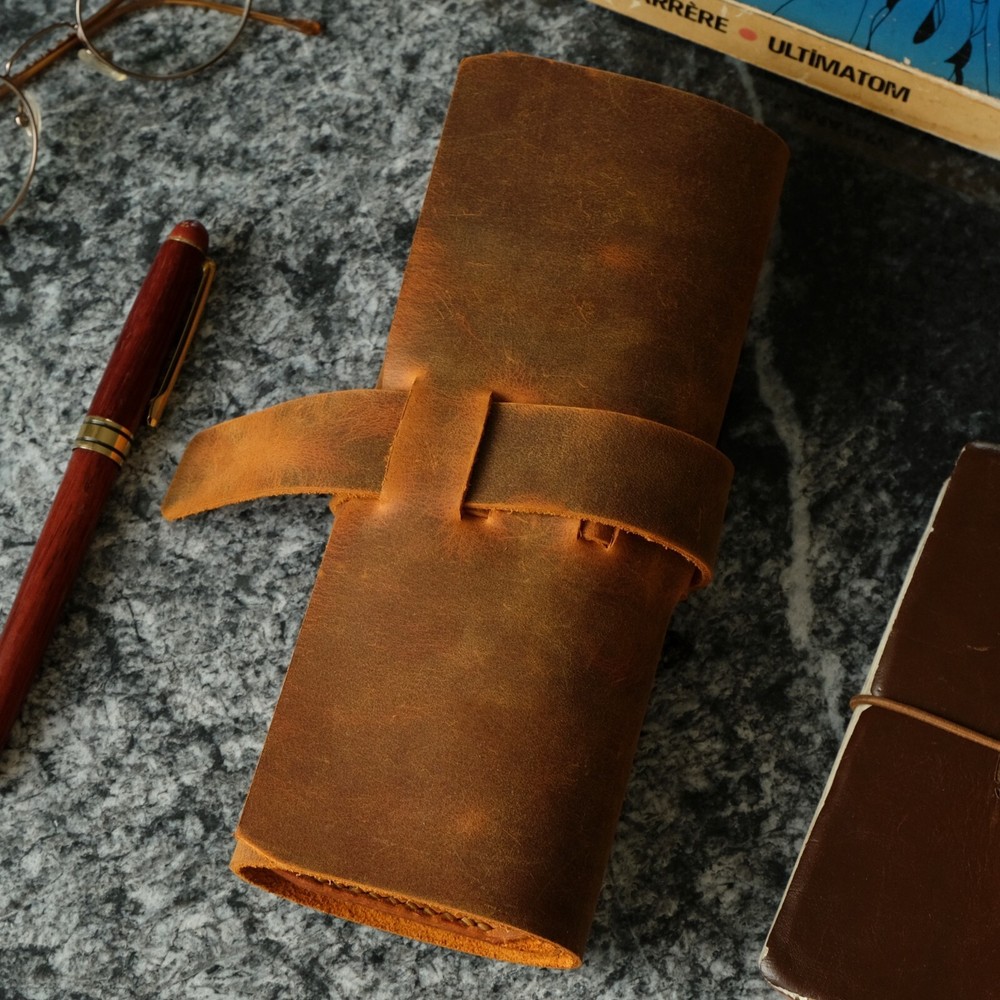 Handmade Leather Roll Up Pen Case - Barrel
