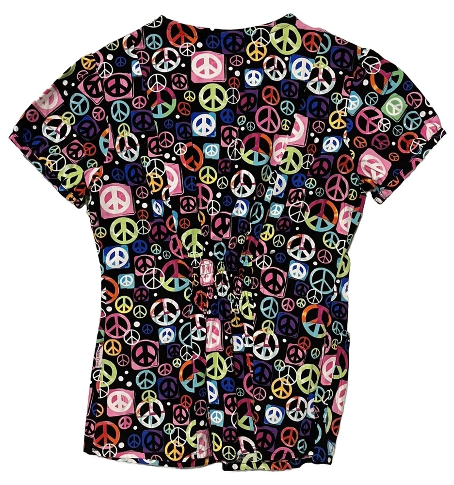 White Cross Small Scrub Top Multicolored Peace Symbol Black Cotton Pullover