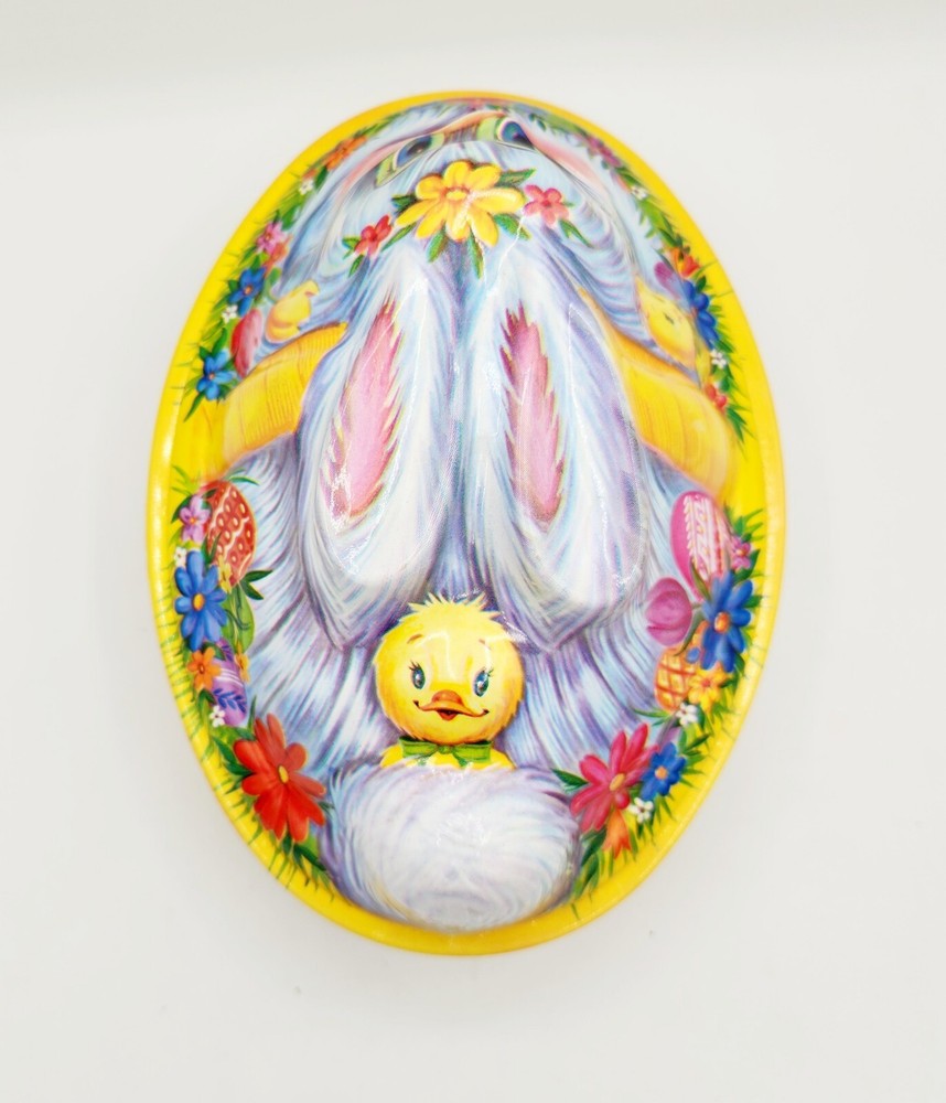 VTG Easter Kitsch Bunny On Nest Chicks Candy Container Lid Basket Egg Decor 9"
