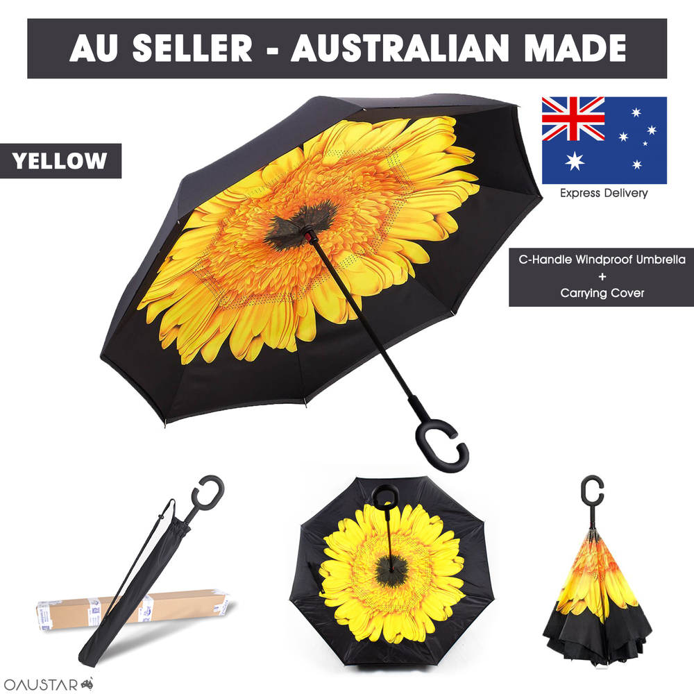 Umbrella -Upside Down-Windproof Inverted Reverse C-Handle Folding with Carry Bag