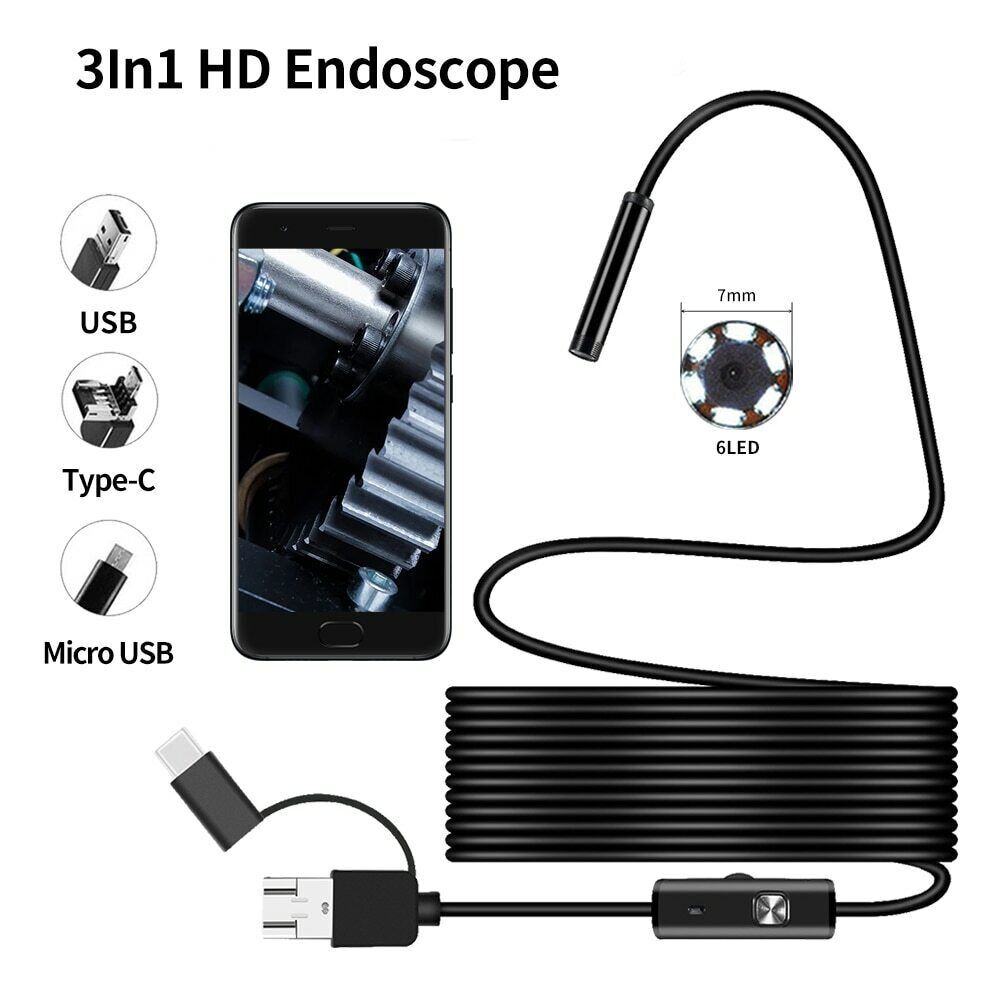 6.6FT 7mm For Android PC USB Endoscope Borescope Snake Camera Scope Inspection