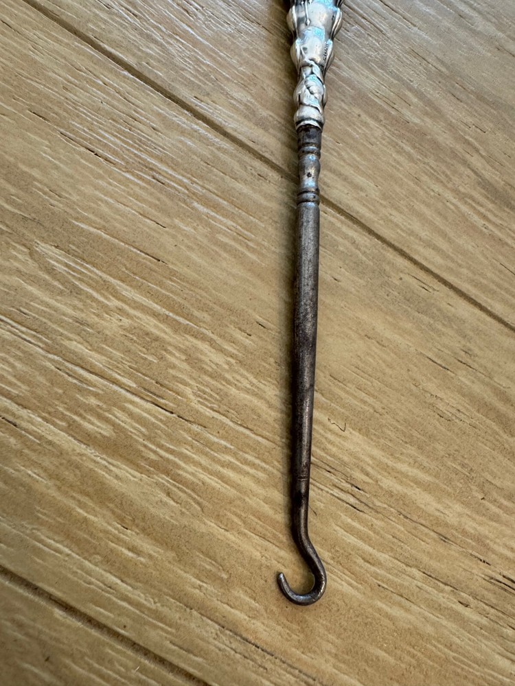 Antique Sterling Silver Handle Button Hook w/ Dangling / Hanging Flower Design