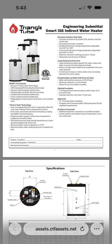 Triangle Tube Smart 60 Indirect fired Water Heater.