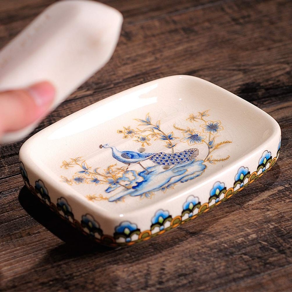 Ceramic Soap Dish Creative Ice Crack Ceramic Peacock and Flower Pattern Soap ...