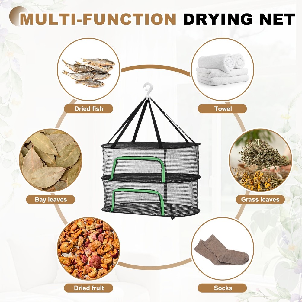Herb Drying Rack, 24" 2-Layer Hanging Drying Mesh Net, Black