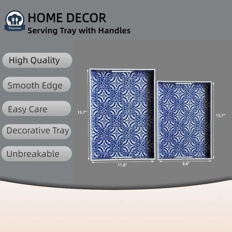 Umisriro 2-Pack Serving Tray w/ Handles, Decorative Rectangular Trays Coffee