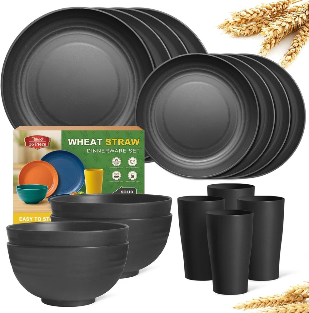 16-Piece Kitchen Plastic Wheat Straw Dinnerware Set, Service for 4, Dinner Pl...