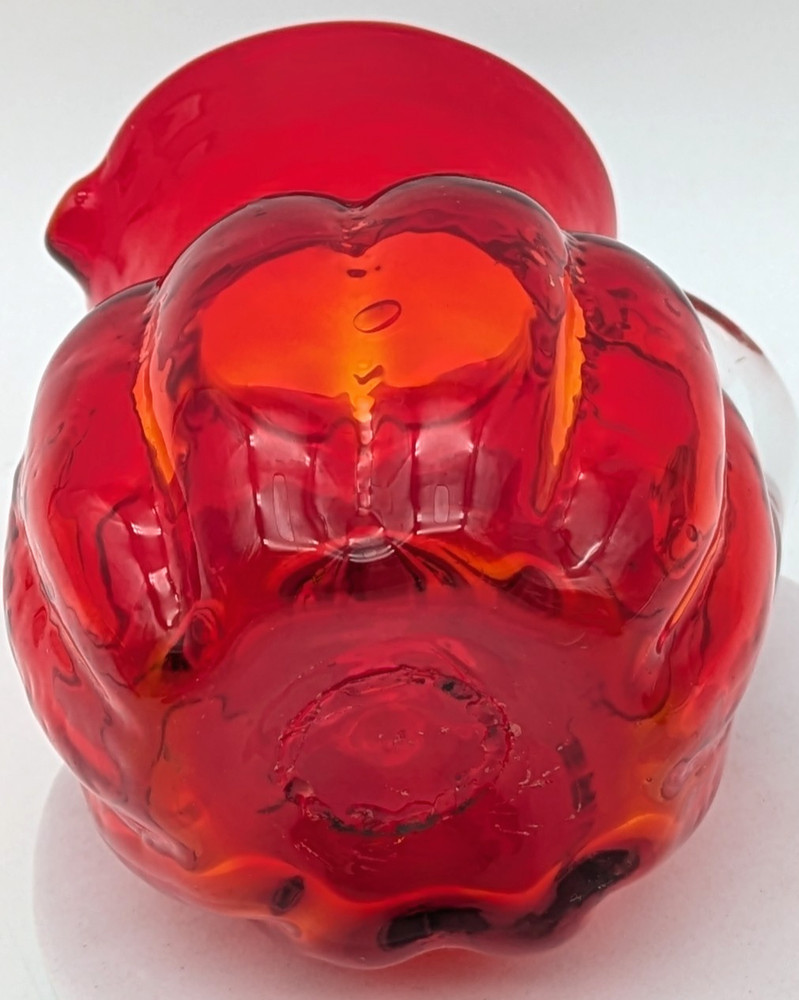 Hand Blown Ruby Red Art Glass Creamer Applied Clear Handle Melon Shape