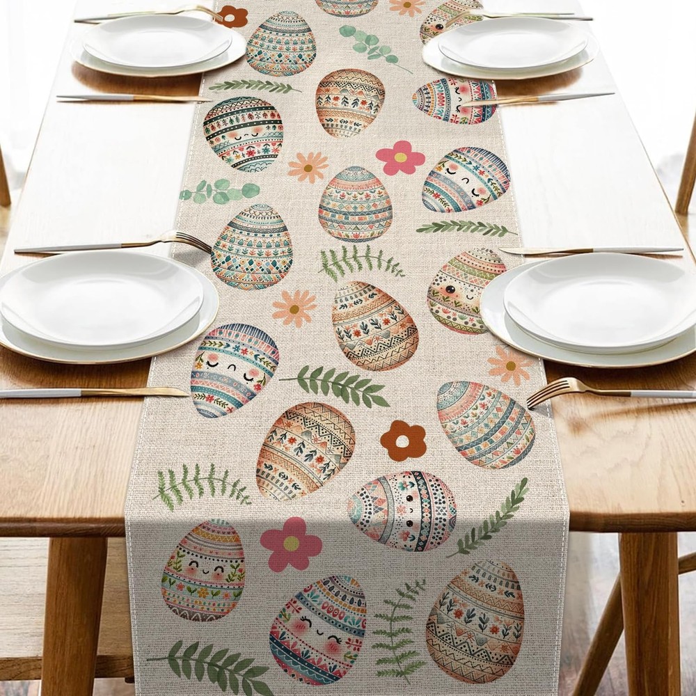 Easter Eggs Table Runner Eggs And Leaves Pattern White 13x72 Inch