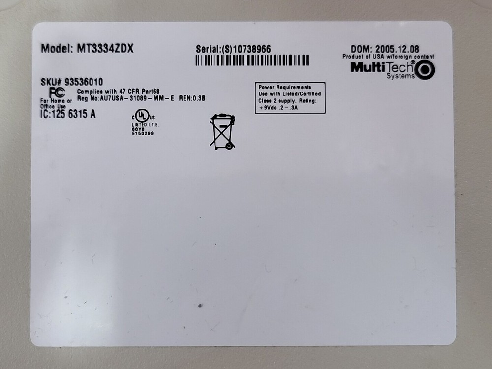 MultiTech MT3334ZDX 33.6K Multimodem ZDX – Testing Equipment