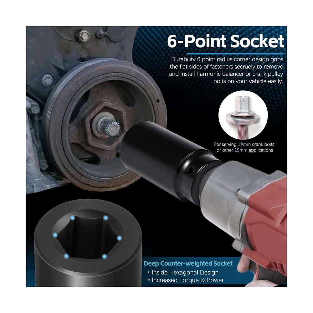 Harmonic Balancer Socket Tool 77080 for Honda 19mm Crank Bolt Socket, 3 Times...