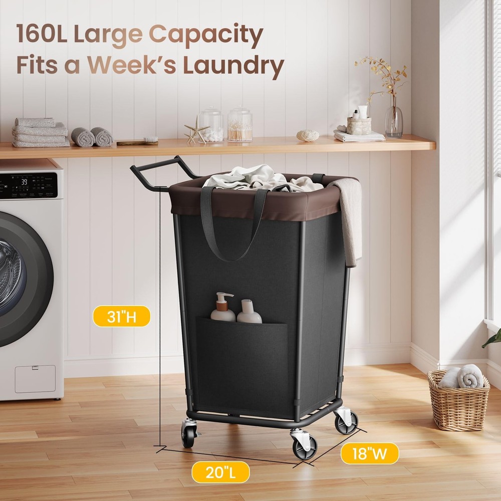 160L Laundry Hamper with Wheels and Handle, 160L, Black-2 Section Handle