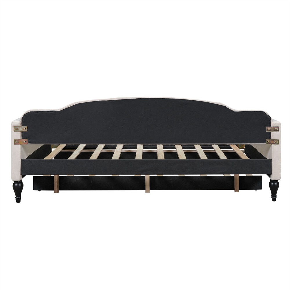 Full Size Daybed w/ Pull Out Trundle Bed Upholstered Bed Frame Sofa Bed Beige