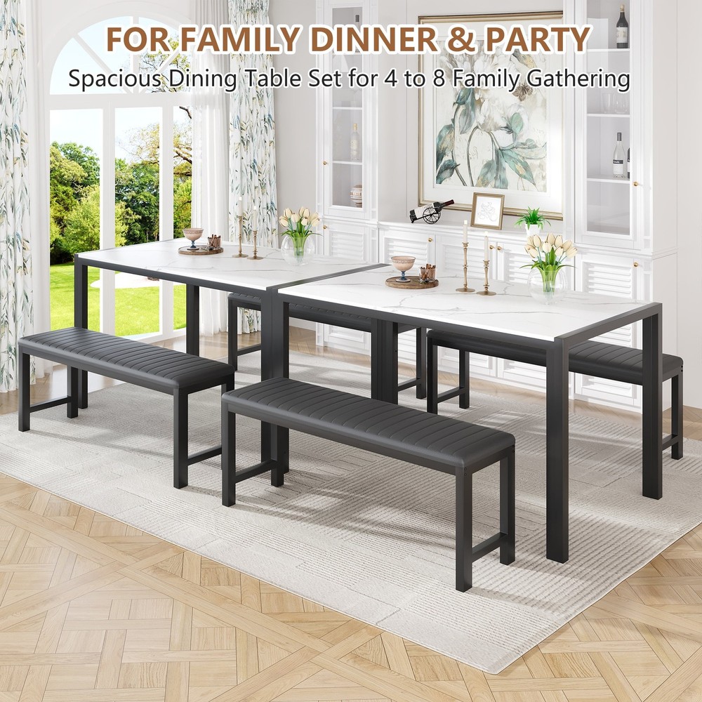Modern 3-Piece Rectangular Dining Table 2 Upholstered Padded Dining Benches