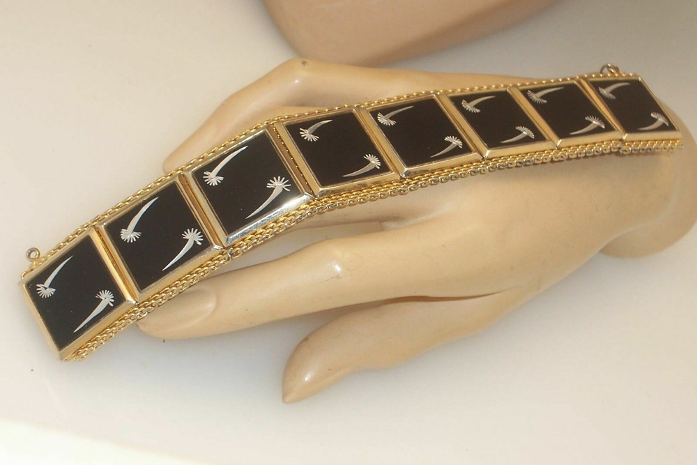 Vintage Wide Damacene Enamel Panel Bracelet