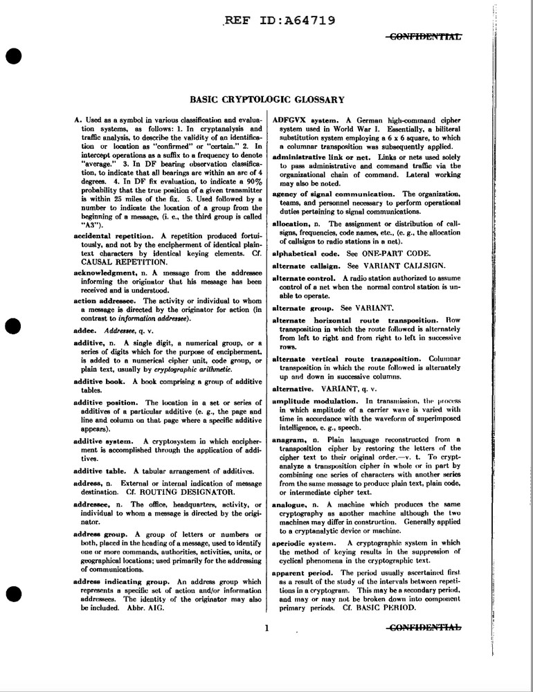 44 Page 1955 Declassified Confidential NSA Basic Cryptologic Glossary on CD