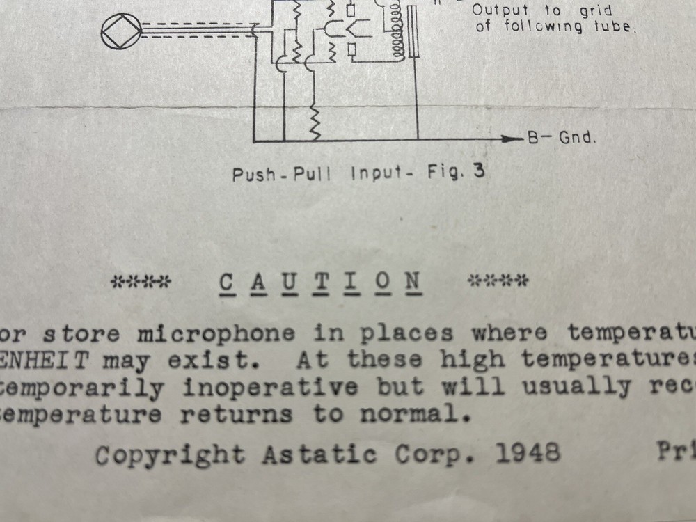 ASTATIC CRYSTAL MICROPHONE INSTALLING 1 page INSTRUCTION ORIGINAL 1948 JO1353
