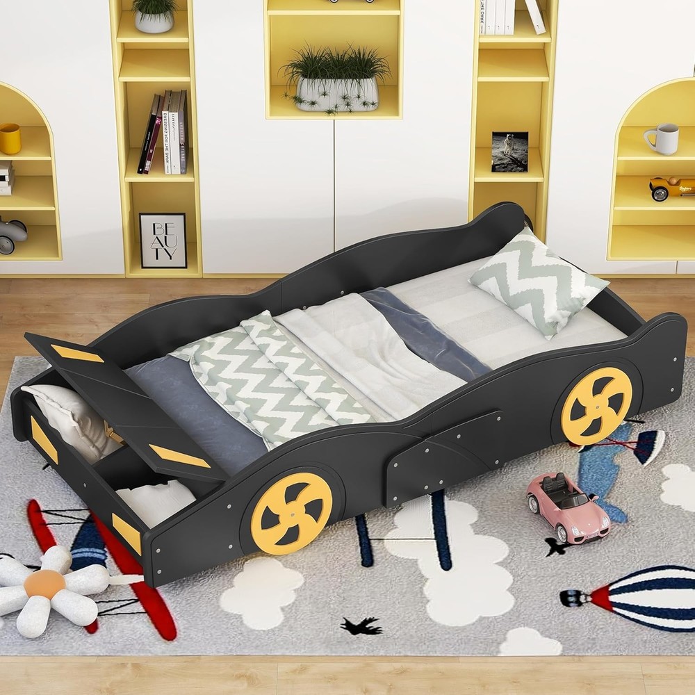 Twin Race Car Bed Frame with Wheels Storage Black