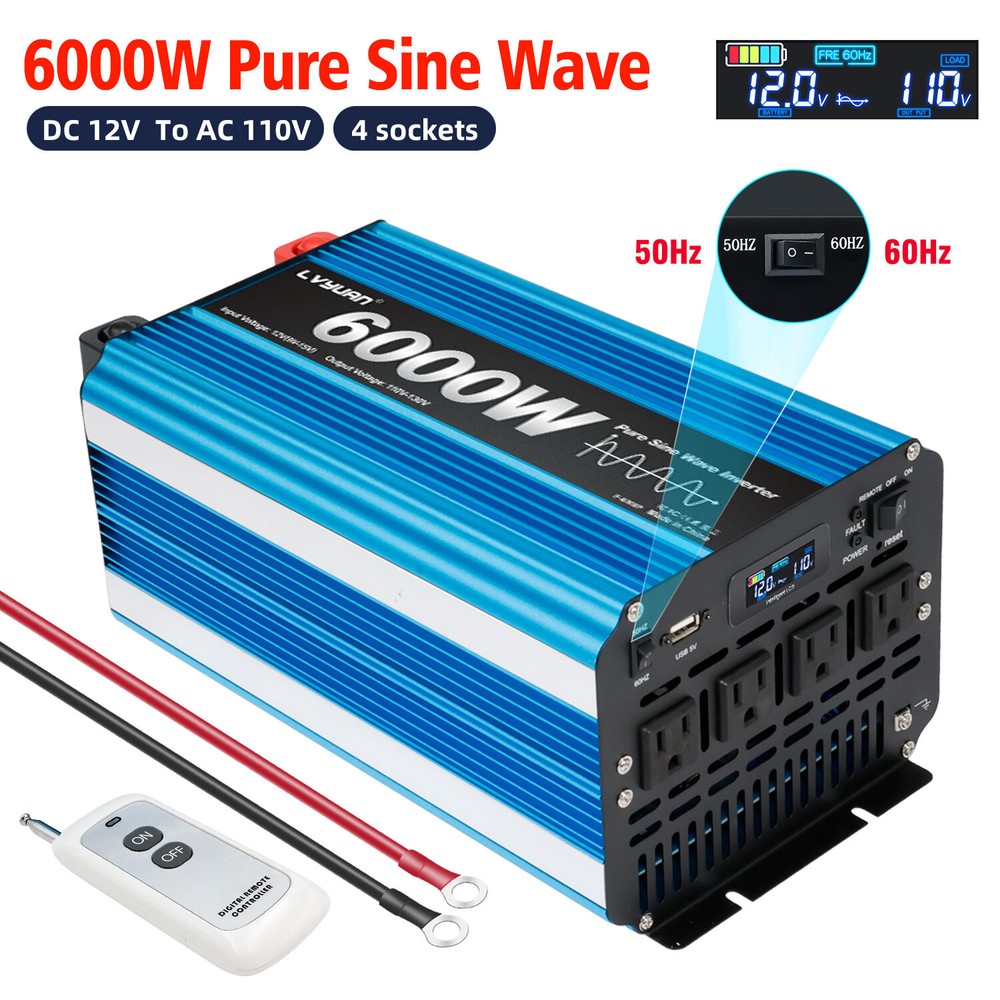 3000W/6000W Pure Sine Wave Power Inverter 12V to 110V 120V 4AC Blue & Black