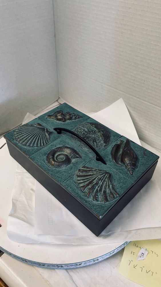 Beach Winter Blue Rectangular Decorative Bamboo Box Shells on Handmade lid 9x 6"